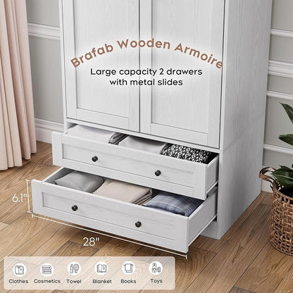 Brafab Armoire Wardrobe Closet with 2 Modern Doors Set of 2, 71" Tall Freestanding Closet Wardrobe Cabinet with Drawers and Hanging Rail, Light Wooden Storage Cabinet with Shelve for Bedroom, White