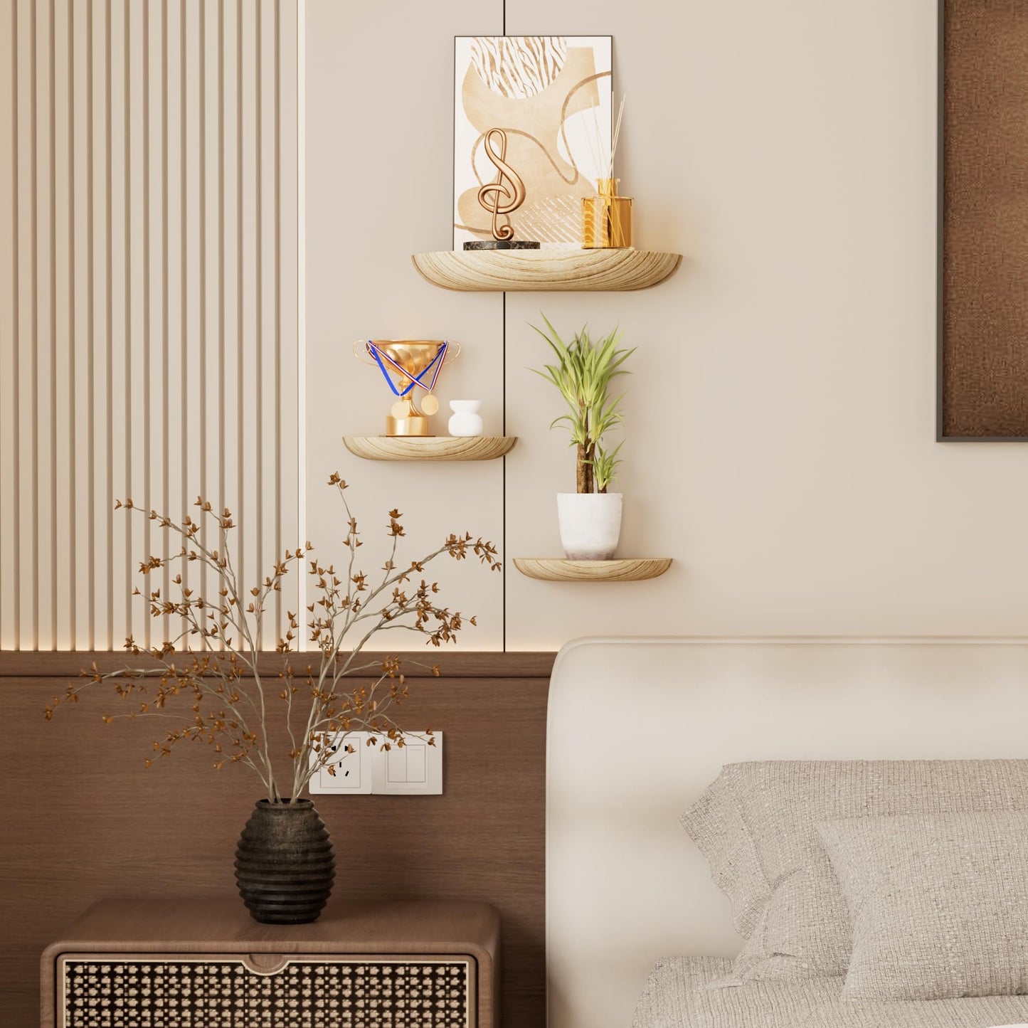 QsQueen Solid Wood Half Round Floating Wall Shelves | Elegant Floating Shelves, Elevate Your Space. Perfect for Living Rooms, Bathrooms, Bedrooms, Offices, Children's Rooms Light Brown