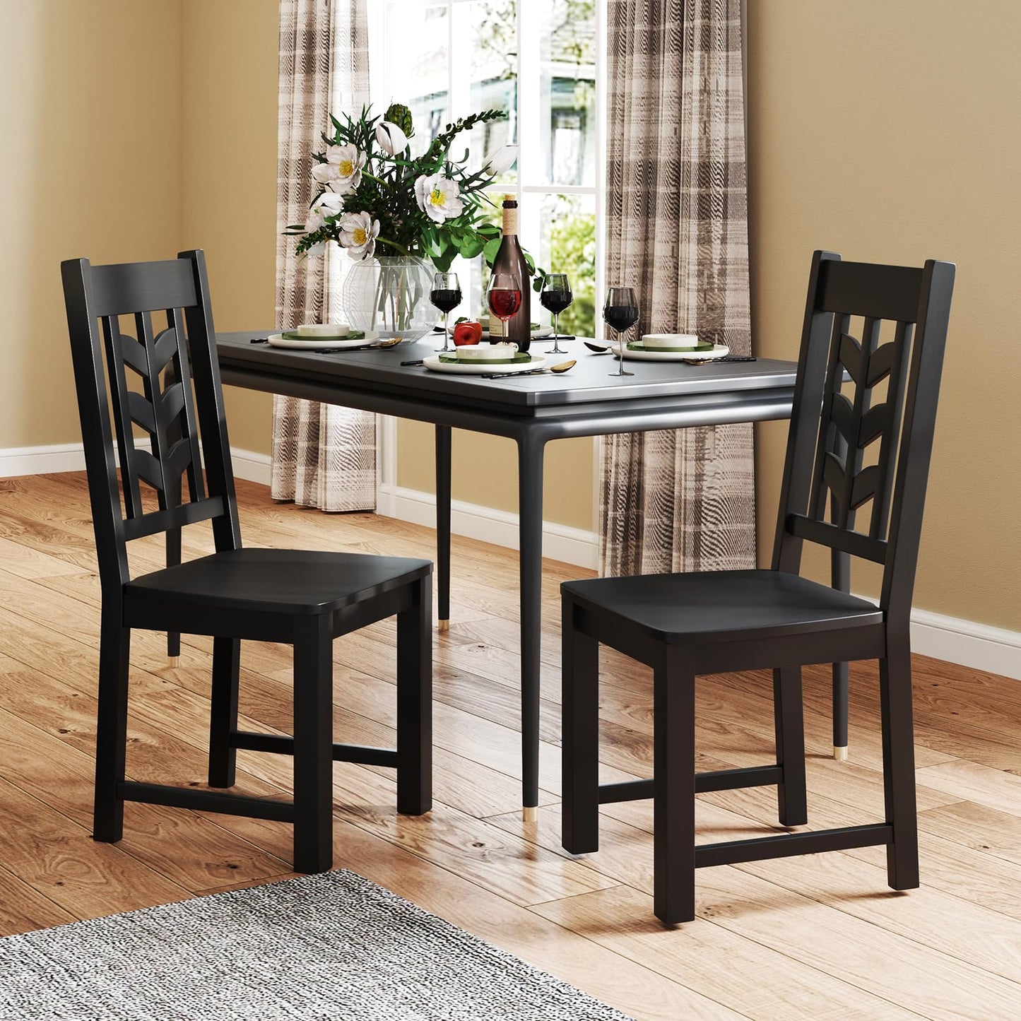 Giantex Wooden Dining Chairs Set of 2, Kitchen Chairs w/Rubber Wood Frame & Leaf-Shaped High Back, Max Load 400 LBS, Farmhouse Armless Dinette Side Chairs for Living Dining Room Restaurant, Black