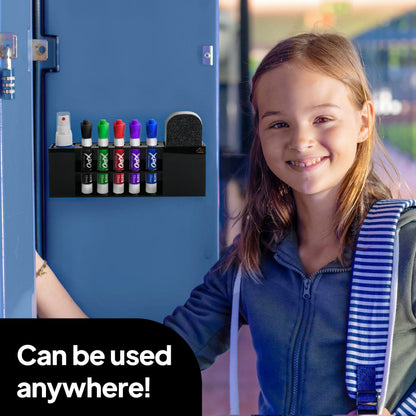 Slim Magnetic Dry Erase Marker Holder for Whiteboard, Space Saving Pen Organizer with Glass and Wall Mount Accessories for Fridge, Office, and School. Markers, Eraser, Cleaner Not Included (Black)