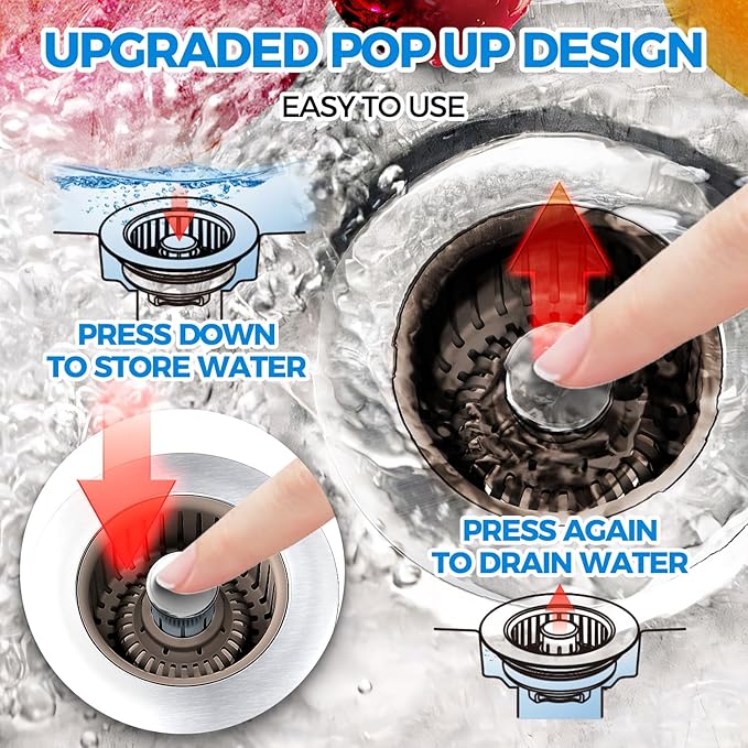 Upgraded 3in1 Kitchen Sink Drain Strainer & Sink Stopper, Stainless Steel