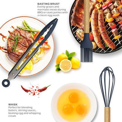 oannao Silicone Cooking Utensils Set - 446°F Heat Resistant Silicone Kitchen Utensils for Cooking,Kitchen Utensil Spatula Set w Wooden Handles, BPA FREE Gadgets for Non-Stick Cookware (Navy Blue)