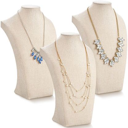 Kigley 3 Pcs Linen Jewelry Display Bust Necklace Display Stand Necklace Mannequin Holder for Jewelry Selling Trade Shows(Beige,13.4 x 8.1 Inch)