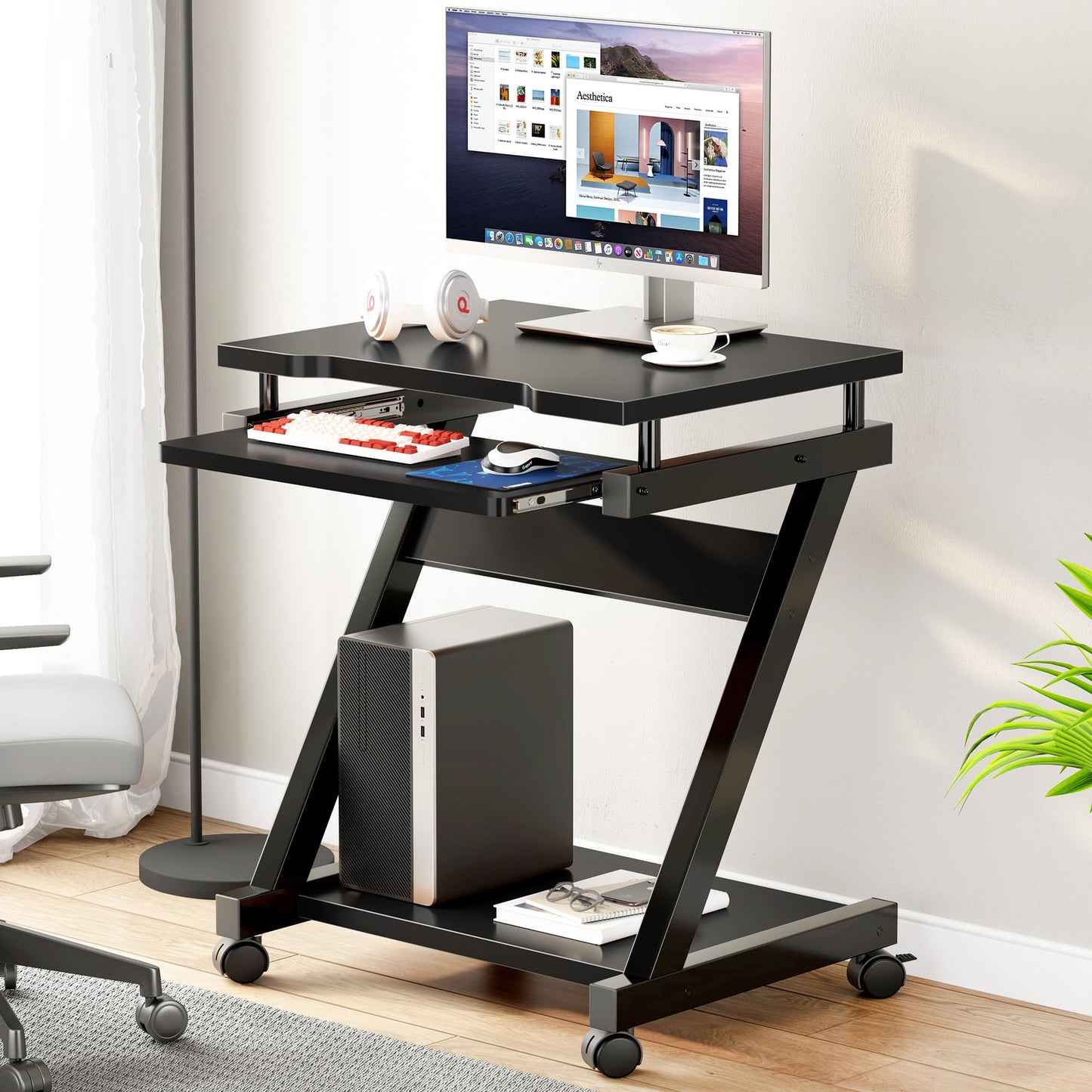 sogesfurniture Mobile Computer Desk, Small Rolling Work Workstation for Home and Office with Printer Shelf, Keyboard Drawers,23.6 x 18.9 x 28.7 Inches,BHUS-DX-8110-BB(Black)