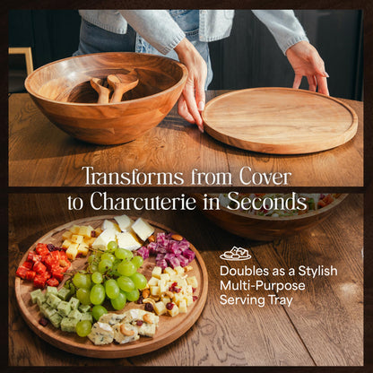 Public House Large Wooden Salad Bowl Set 12.5 Inch with Serving Utensils, Tray Lid and Carry Strap. Acacia Wood Large Salad Bowls Ideal for Fruits and Dishes, Wooden Bowls for Food, Serving Bowl