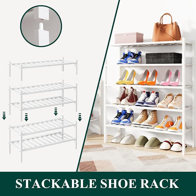 Smiry Long Bamboo Shoe Rack, 5 Tier Free Standing Wooden Shoe Organizer, Stackable Wood Shoe Storage Shelf for Closet, Entryway, 12 Vertical Slats, 2+2+1 Stack Standard Legs, 33.7"x11"x32.5", White