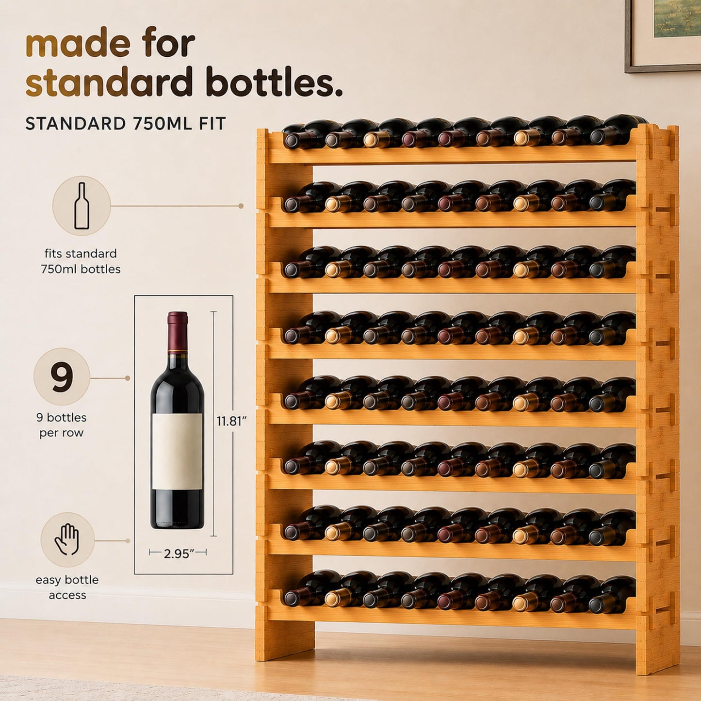NutriChef 72 Bottle Stackable Bamboo Wine Rack, 8-Tier Modular Shelf