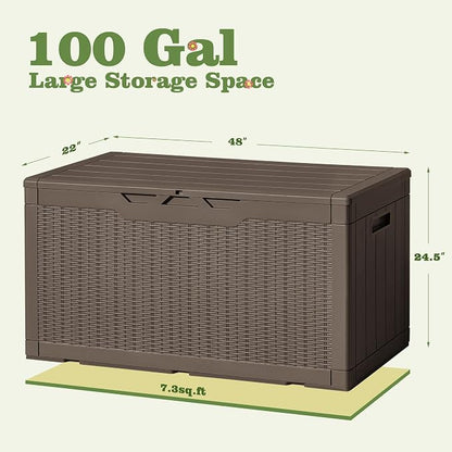 Flamaker Outdoor Storage Box 100 Gallon Waterproof Resin Deck Box Delivery with Air Rod Indoor Outdoor Lockable Storage Bench for Patio Cushions, Tools, Pool Accessories (Deep Brown)