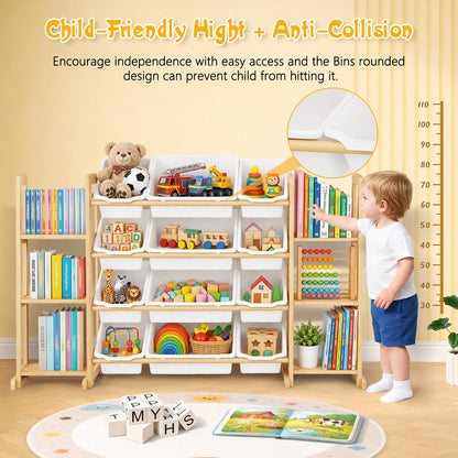 Etitlly Toy Storage Organizer with Bookshelf – Wooden Toy Organizer with 12 Toy Bins & 6 Tier Bookcase,Quick Assembly Kids Bookshelf,Toy Bin for Playroom, Bedroom, Nursery– White