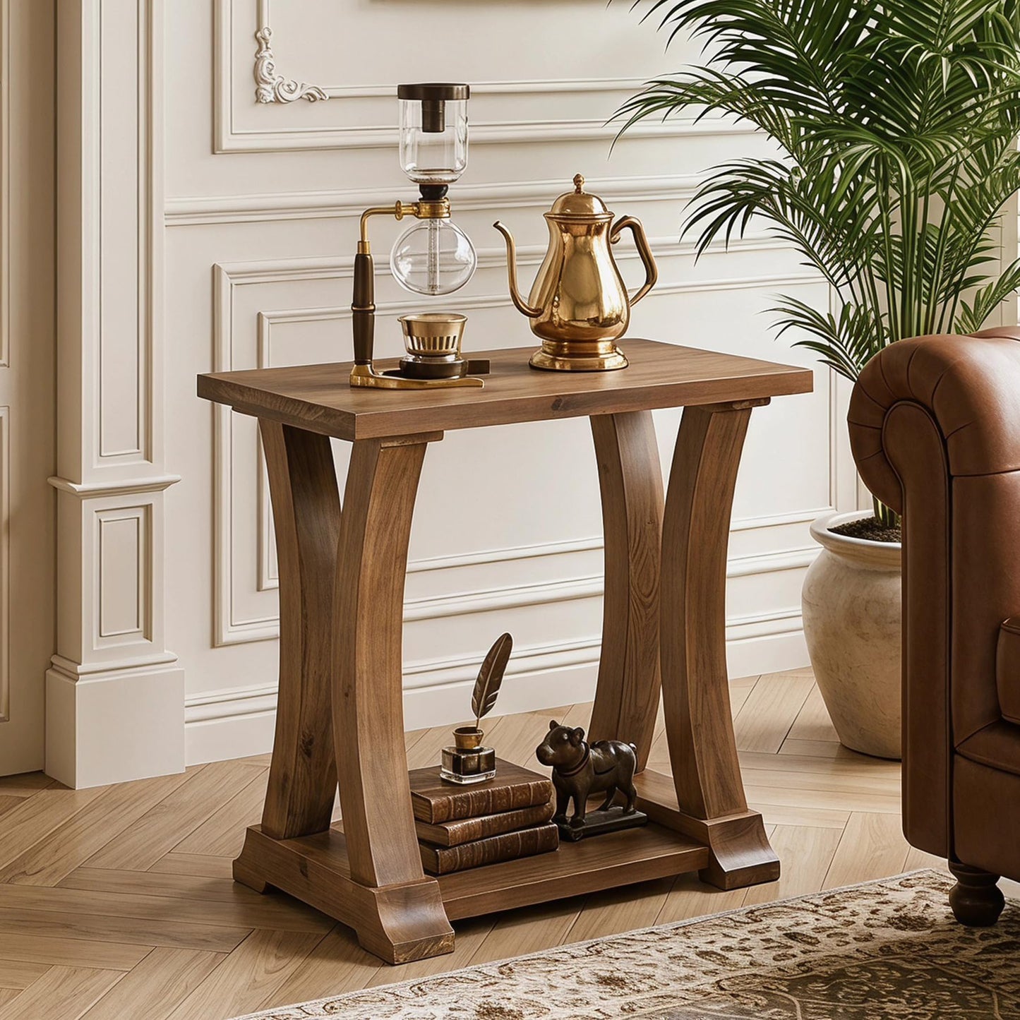 LITTLE TREE Solid Wood End Table, Narrow Side Table with Lower Storage Shelf, Rustic Accent Sofa Side Table for Living Room, Bedroom, Small Space