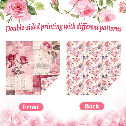 Konsait 24 Sheets Pink Flower Scrapbook Paper 12x12, Double Sided Rose Patterned Paper Floral Decorative Cardstock Pad Origami Papers for Card Making Romantic Scrapbook Supplies