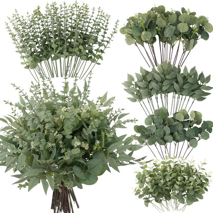 lovemoon 130 Pcs Artificial Mixed Eucalyptus Stems Bulk, 5 Kinds of Faux Greenery Eucalyptus Leaves Bulk for Vase Wedding DIY Bouquets Floral Arrangement Home Decor (130, Green)