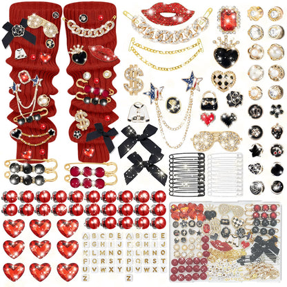 Auliand 137 Pcs Junk Socks Charms Kit, Brooches and Pins for Women, Shoe Charms with Pearl Safety Pins and Brooch Buttons, Teen Girl DIY Accessories for Decorating Socks, Clothes (Black & Red)