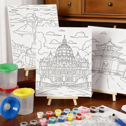 Sherr 140 Pcs 20 Set Pre Drawn Canvas Kit for Painting Craft Sip and Paint Kit for Adults Pre Printed Canvas Painting Favor for Virtual DIY Birthday Gifts Adult's Date Party(Landmarks)