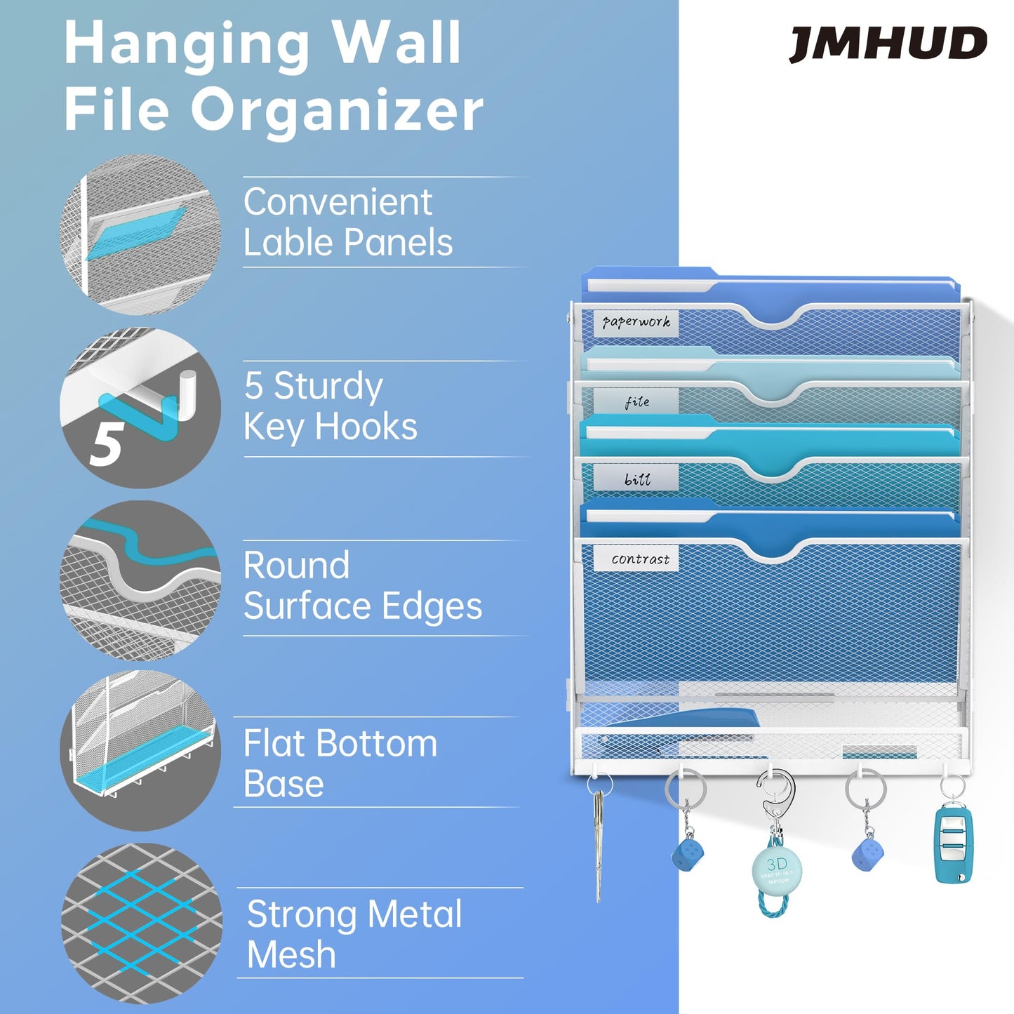 JMHUD 5 Tier Wall File Organizer - Hanging File Organizer with 5 Hooks, Mail Holder Wall Mounted for Papers, Folders, Magazines, Bills, Office&School Organization, White
