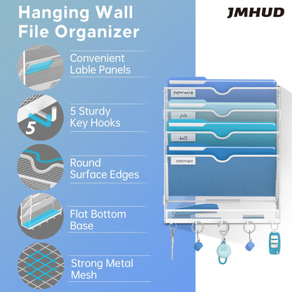 JMHUD 5 Tier Wall File Organizer - Hanging File Organizer with 5 Hooks, Mail Holder Wall Mounted for Papers, Folders, Magazines, Bills, Office&School Organization, White