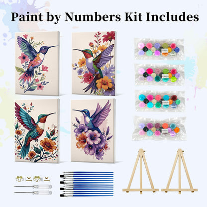 JOOZ 4 Pack Paint by Numbers Kit for Adults Framed, Hummingbird Paint by Numbers with Easel, DIY Flower Framed Adult Paint by Number Kits on Canvas, Oil Painting Kit for Home Decor 8x12 Inch