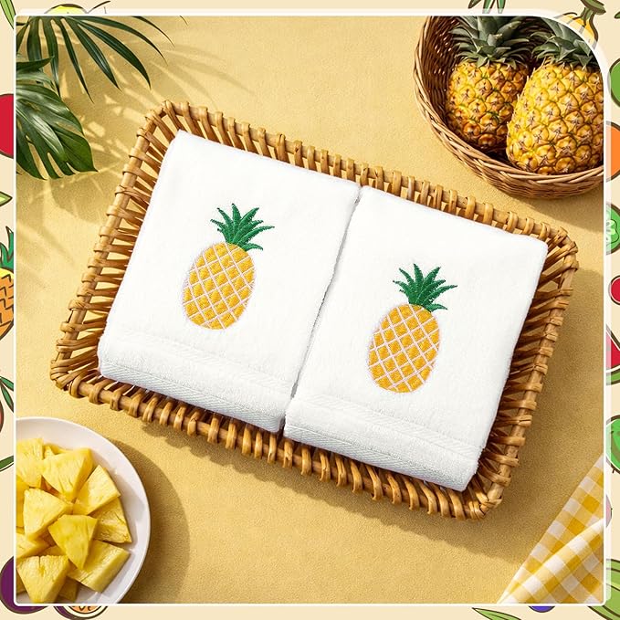 2 Pcs Pineapple Hand Towels White-Yellow Bathroom Decor 14x29 Inch Embroidered