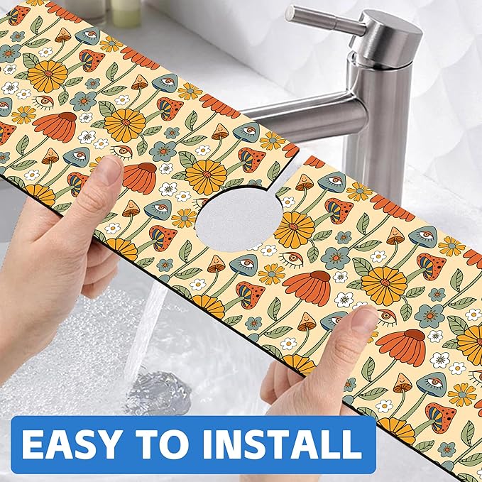 Abstract 70s Mushroom Floral Sink Faucet Absorbing Mat Sink Splash Guard Faucet