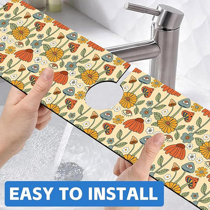 Abstract 70s Mushroom Floral Sink Faucet Absorbing Mat Sink Splash Guard Faucet