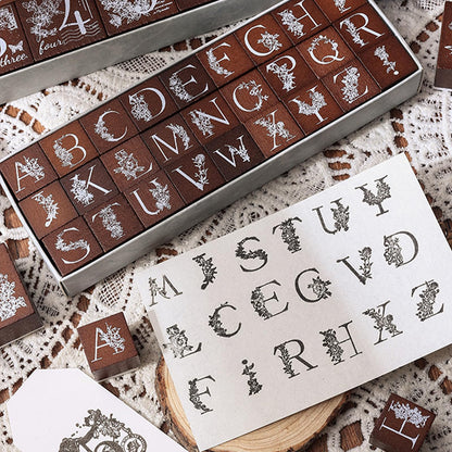 SIBLYMONA Flower Style Wooden Rubber Stamps Set - 10Pcs Number or 27Pcs Alphabet Stamps for Crafting - Decorative Letter and Number Stamp Kit (Alphabet(27Pcs))