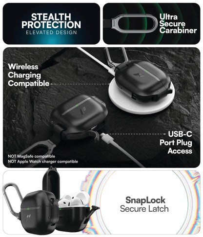 Proof Labs for AirPods 4 Case with Lock - Tough AirPods 4th Generation Case Cover with Carabiner, Rugged Protection and Hard Protective Shell (Black, AirPods 4th Gen)