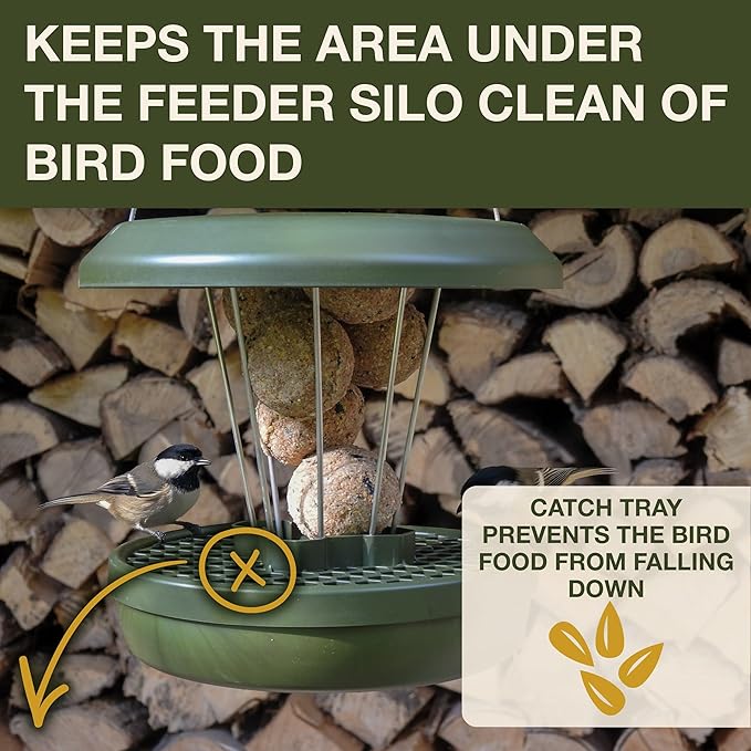 SWISSINNO Bird Feeders - No Mess Fat Ball/Suet Feeder for Outdoors Hanging - Smart Birds Lucerne Spill Proof Wild Cardinal Bird Feeder with Integrated Seed Catcher Tray - Green