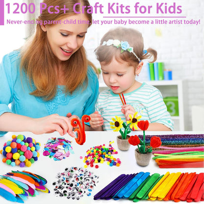 FUNZBO 1200pcs+ Craft Kits with Pipe Cleaners, Pom Poms for Crafts, Popsicle Sticks for Craft, Arts & Crafts Supplies for Kids Ages 4-8 Girls & Boys Birathday Gifts