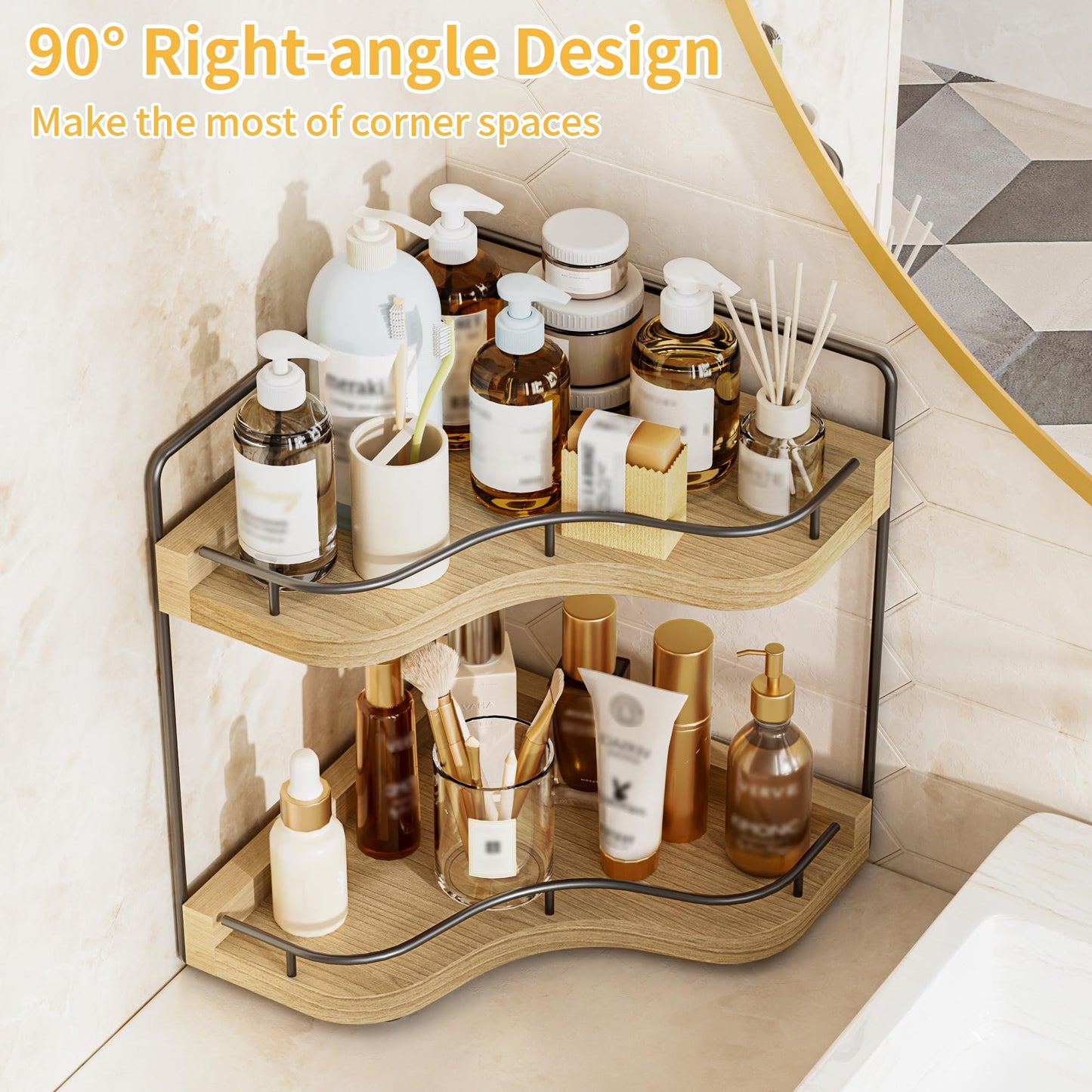 2-Tier Corner Bathroom Counter Organizer with Embedded Screw Holes, Secure & Stable Wood Vanity Shelf for Makeup and Skincare Essentials - Space Saving Bathroom Countertop Storage, ‎‎Light Walnut