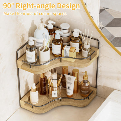 2-Tier Corner Bathroom Counter Organizer with Embedded Screw Holes, Secure & Stable Wood Vanity Shelf for Makeup and Skincare Essentials - Space Saving Bathroom Countertop Storage, ‎‎Light Walnut