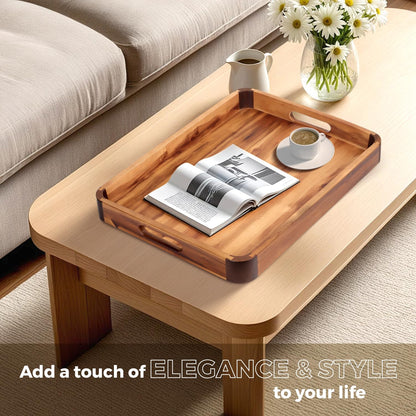 22 x 15.7 Inch Large Acacia Wood Serving Tray with Handles, Extra Spacious Decorative Wooden Tray with Dark Walnut-Tone Curved Corner Accents for Coffee Table, Ottoman & Kitchen Counter
