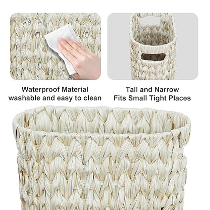 Coeusy Wicker Trash Can,Bathroom Trash Can,Waterproof Wicker Waste Basket for Bathroom,Narrow Small Waste Basket for Bedroom,Office, Cream White 5 Gallon