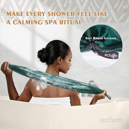 ARCH&M Authentic African Net Sponge Extra-Long 53" Back Scrubber | Quick-Dry Exfoliating Shower Loofah, Smoother Skin For Women and Men Daily Use, Soft Mesh for Sensitive Skin