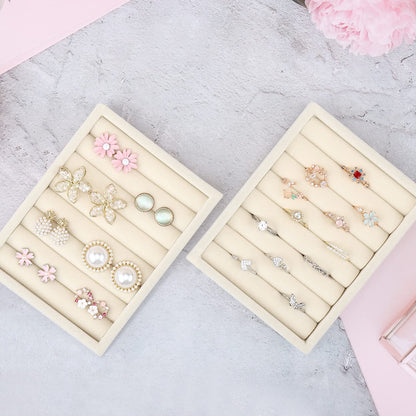 DesignSter Small Jewelry Tray-Ring Organizer 2PCS Premium Velvet Rings Earrings Display Tray Storage Insert Holder for Jewelry Box, Drawer, Dresser (8 Slots, Beige)