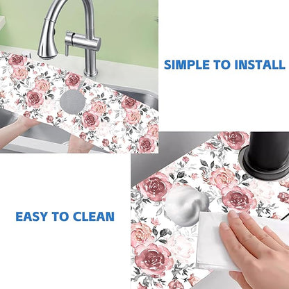 Pink Rose Floral Kitchen Sink Splash Guard Mat Absorbent Fast Drying Mat Faucet