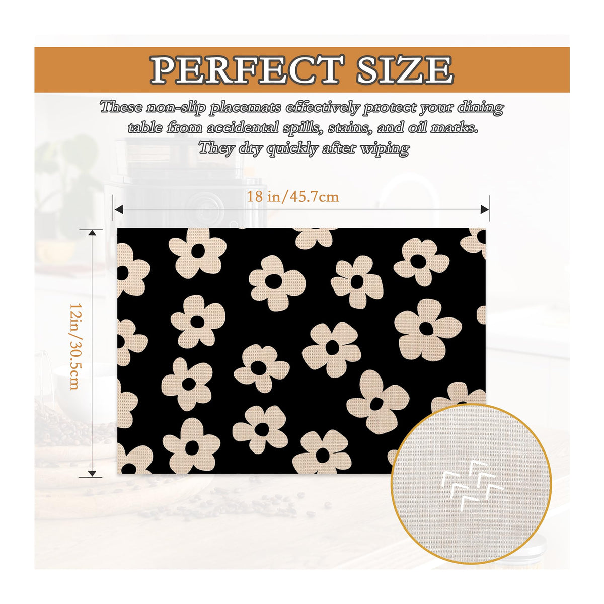 Placemats Set of 6,Abstract Black Flower Heat Resistant Non Slip Table Mats,Washable Wipe Clean Dining Placemats 12 x 18 Inches
