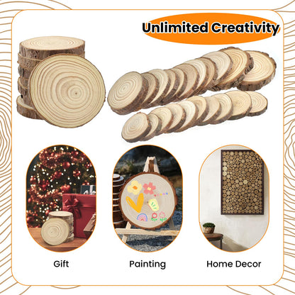 MARRTEUM 30Pcs 1.2"-3.1" Unfinished Natural Wood Slices, Round Wood with Tree Bark Discs Circles Cookies for DIY Arts & Crafts, Coaster, Christmas Ornaments, Rustic Wedding Decoration
