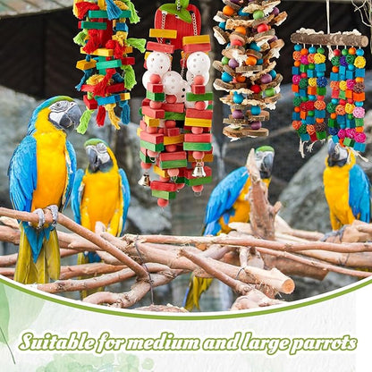 Seenelling 4 Pcs Extra Large Bird Parrot Toy Multicolored Natural Wooden Parrot Cage Chewing Toys for Large Medium Macaws Cockatoos African Grey Birds (Block and Ball)