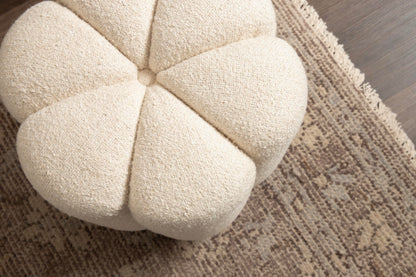 Kate and Laurel Lucida Round Upholstered Ottoman with Mango Wood Base, 16 x 16 x 18, Soft White and Dark Brown, Modern Scalloped Boucle Ottoman Foot Rest for Apartment or Living Room Decor