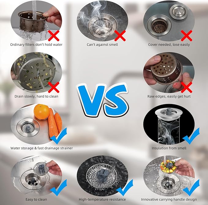 Hibbent 3 in 1 Kitchen Sink Drain Strainer, Stainless Steel Wrapped Shell Drain