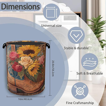 Cowboy Boots Laundry Basket, Wooden Sunflowers Foldable Oxford Cloth Tote Bag