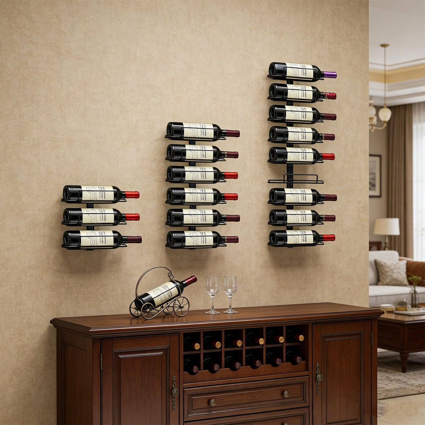 Msrorriw Wall Mount Wine Rack – 9 Bottles – Black Metal Wine Bottle Holder for Wall, Wine Rack Display for Home Bar, Kitchen