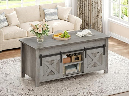 SEDETA Lift Top Coffee Table, Farmhouse Lift Tabletop Dining Table, Gas Spring, Hidden Compartment, Open Storage Shelf, for Living Room, Grey