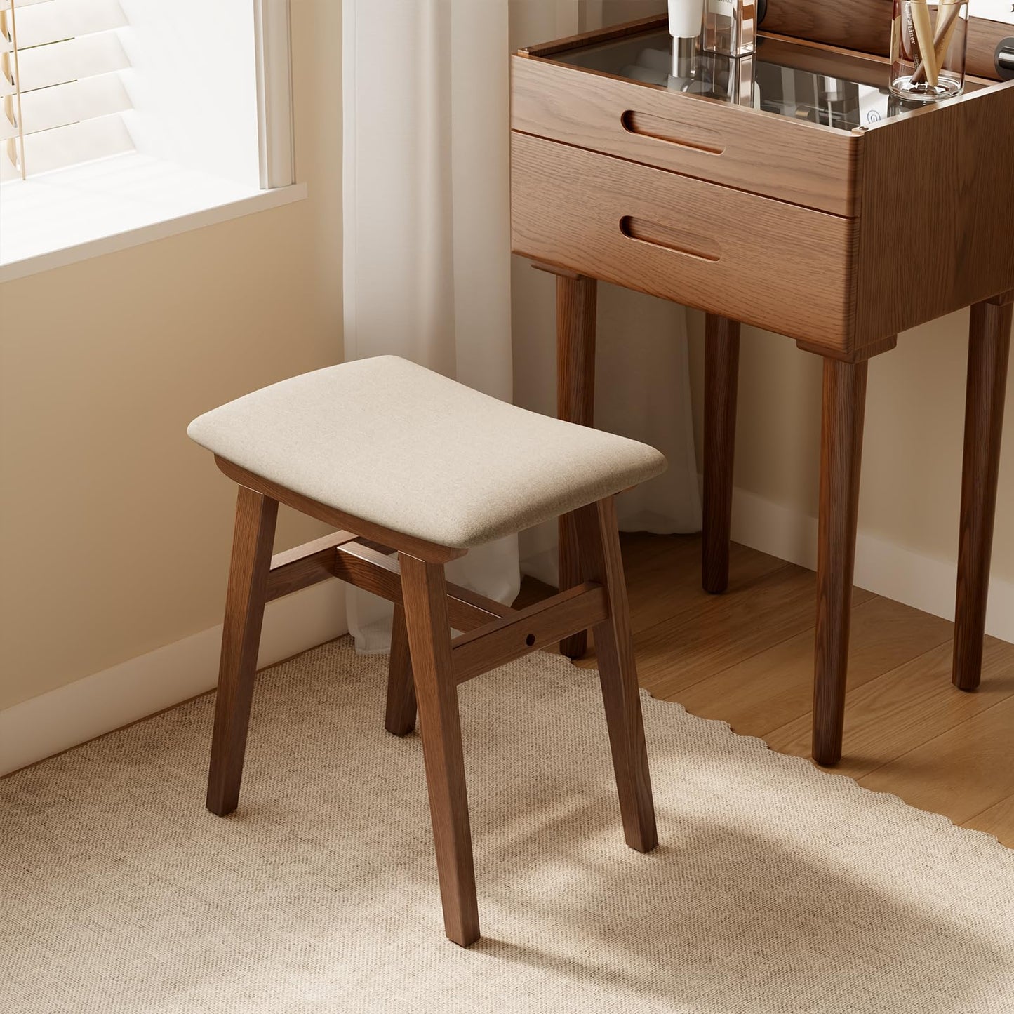 Muwuele Solid Wood Vanity Stool, Compact Makeup Chair with Saddle Cushion, Linen-Covered High Rebound Sponge Seat, Easy Assembly Footstool for Bedroom, Entryway, Home, Walnut