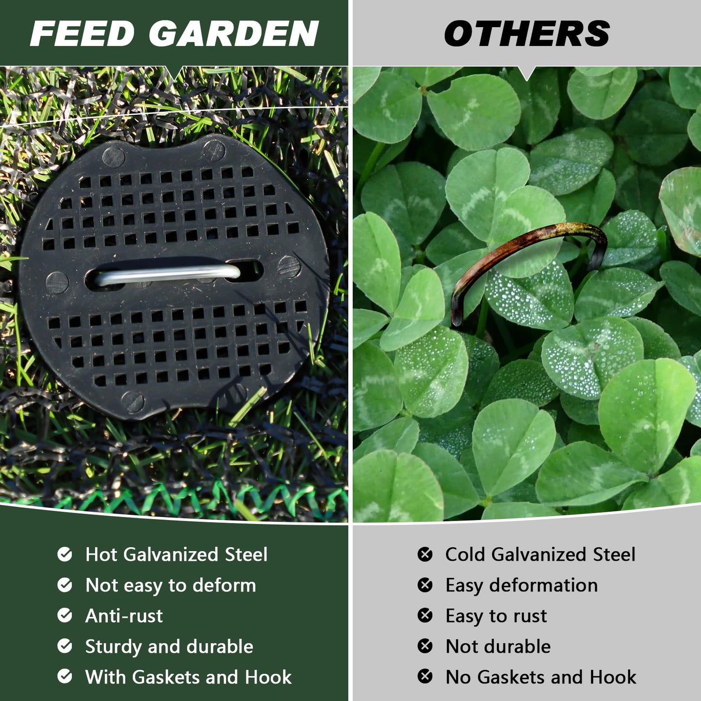 FEED GARDEN Landscape Staples 6 Inch 100 Pack Kit, Heavy Duty 11 Gauge Hot-Dip Galvanized Garden Stakes with 100 Gaskets & 1 Pick Hook for Weed Barrier, Landscape Fabric, Sod, Turf & Garden Edging