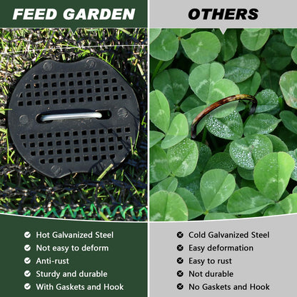 FEED GARDEN Landscape Staples 6 Inch 100 Pack Kit, Heavy Duty 11 Gauge Hot-Dip Galvanized Garden Stakes with 100 Gaskets & 1 Pick Hook for Weed Barrier, Landscape Fabric, Sod, Turf & Garden Edging