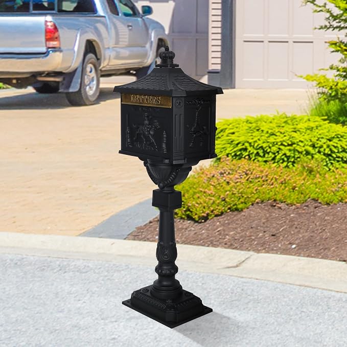 Mailbox, Heavy Duty Cast Aluminum Postal Box, Mail Box with 2 Keys for Courtyard Villa Decoration - Black