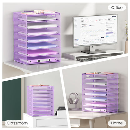 Lavatino 8-Tier Office Desk File Organizer, Letter Tray Paper Organizer with Handle, Including 5 Adjustable Slide Trays for Organizing Desktop Workspace Accessories and Supplies (Purple Metal Mesh)