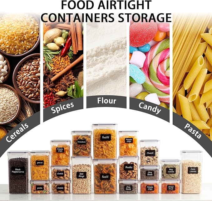 30 PCS Airtight Food Storage Containers with Lids, BPA Free Clear Plastic Kitchen and Pantry Organization and Storage Set for Flour, Sugar, Cereal, Pasta, Includes 30 Labels and Marker