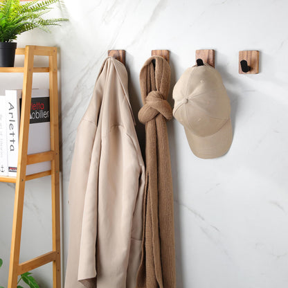 DELITON Towel Hooks for Bathrooms, 4 Pack Adhesive Wood Hooks for Hanging Robes, Towels, Coat, Key, Decorative Wall Utility Hook Heavy Duty